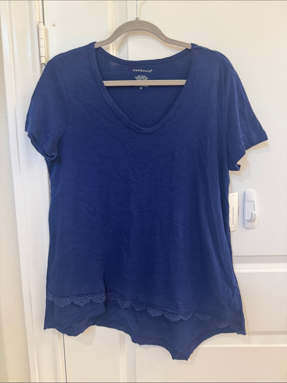 Westbound Women's Blue V-Neck Short Sleeve Tee with Lace Hem NWT